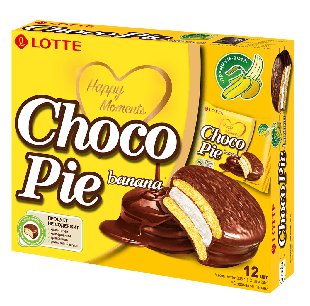 Печ. Лотте Чокопай с ароматом банана (Lotte Chocopie Banana) 336 гр 8 шт /Lotte/