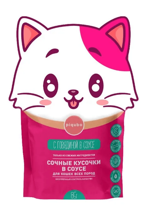 PIQUBO PREMIUM корм полнорационный для КОШЕК С ГОВЯДИНОЙ в соусе 85 гр 12 шт