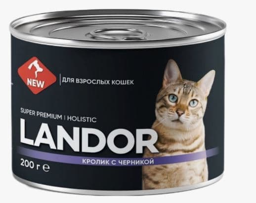 LANDOR Корм ВЛАЖНЫЙ для КОШЕК взрослых  кролик с черникой 200 гр