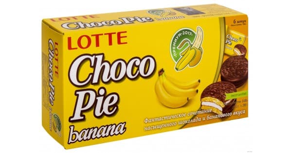 Печ. Лотте Чокопай с ароматом банана (Lotte Chocopie Banana) 168 гр 16 шт /Lotte/