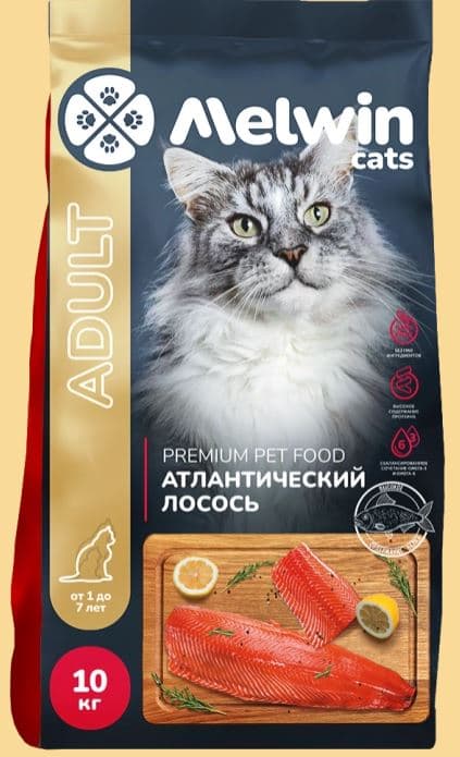 MELWIN Корм сухой для КОШЕК от 1 года до 7 лет с атлантическим лососем 10 кг