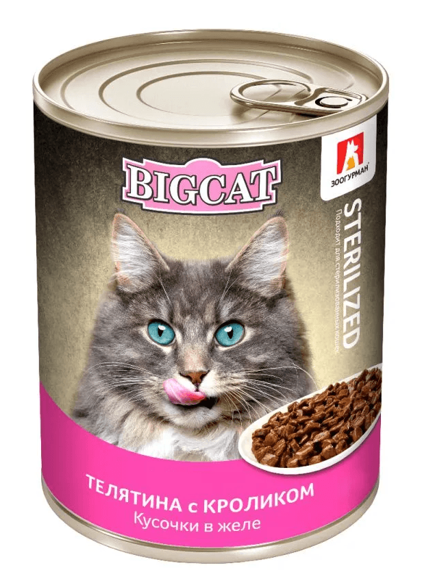 ЗООГУРМАН BIG CAT Ж/Б БАНКА с телятиной и кроликом кусочки в желе  ж/б 350 грамм