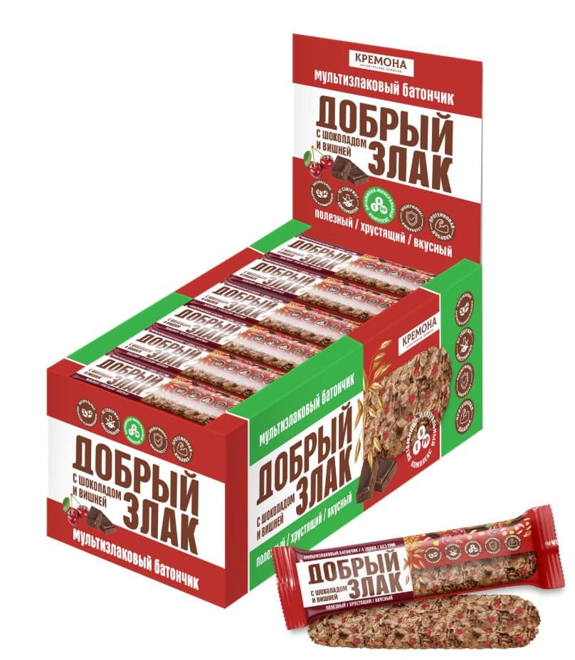 Кф. (ФАС) Мультизлаковый батончик с ВИШНЕЙ и МОЛОЧНЫМ шоколадом /Кремона/  19 гр 24 шт   БЛОК