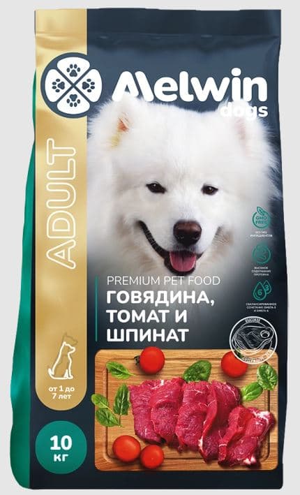 MELWIN Корм сухой для СОБАК взрослых с говядиной, томатом и шпинатом 10 кг