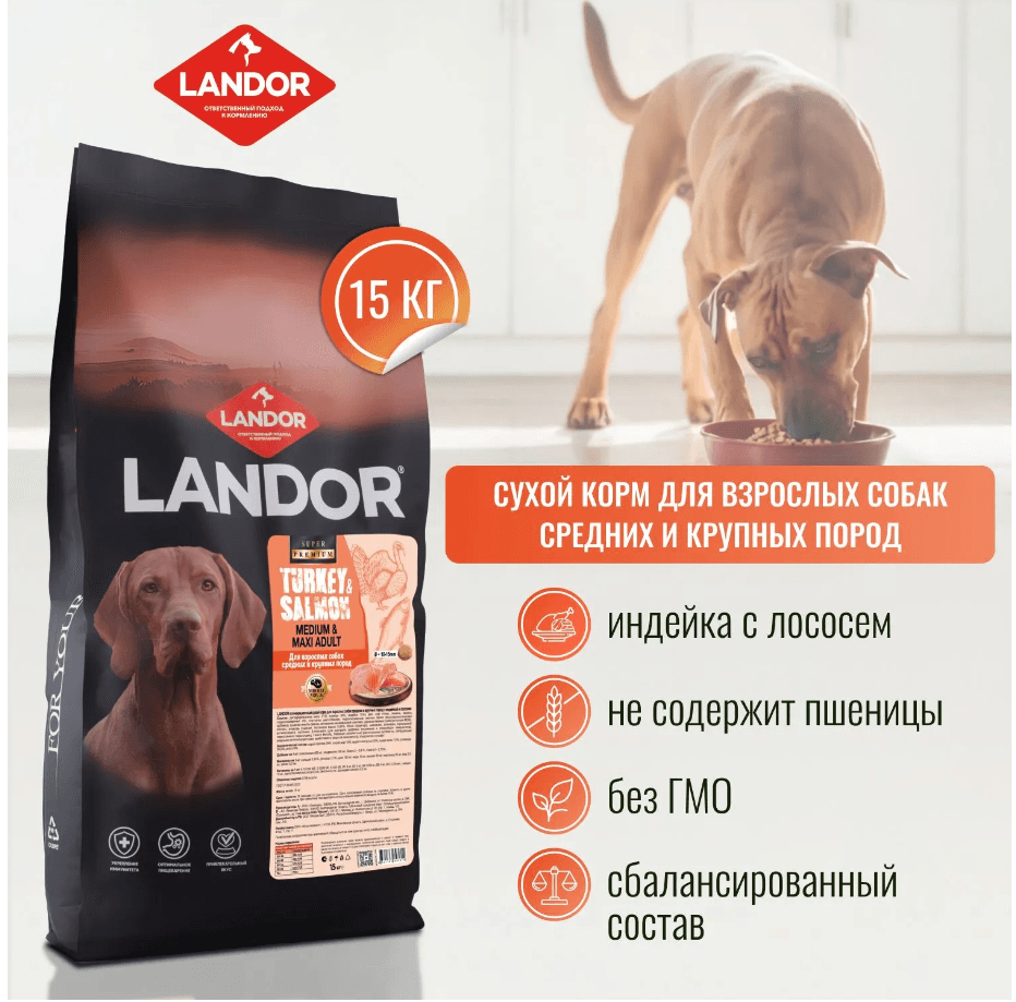 LANDOR Корм СУХОЙ для взрослых СОБАК средних и крупных пород  ИНДЕЙКА ЛОСОСЬ 15 кг
