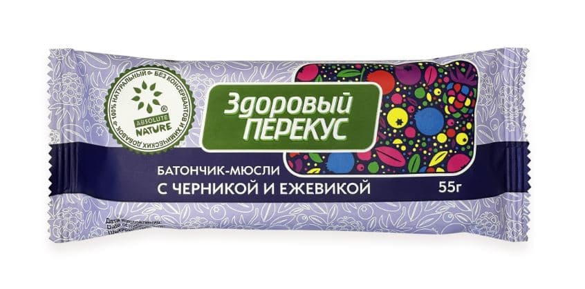 Батончики (ФАС) № 180 Мюсли Здоровый перекус ЧЕРНИЧНО-ЕЖЕВИЧНЫЙ  55 гр 20 шт  БЛОК
