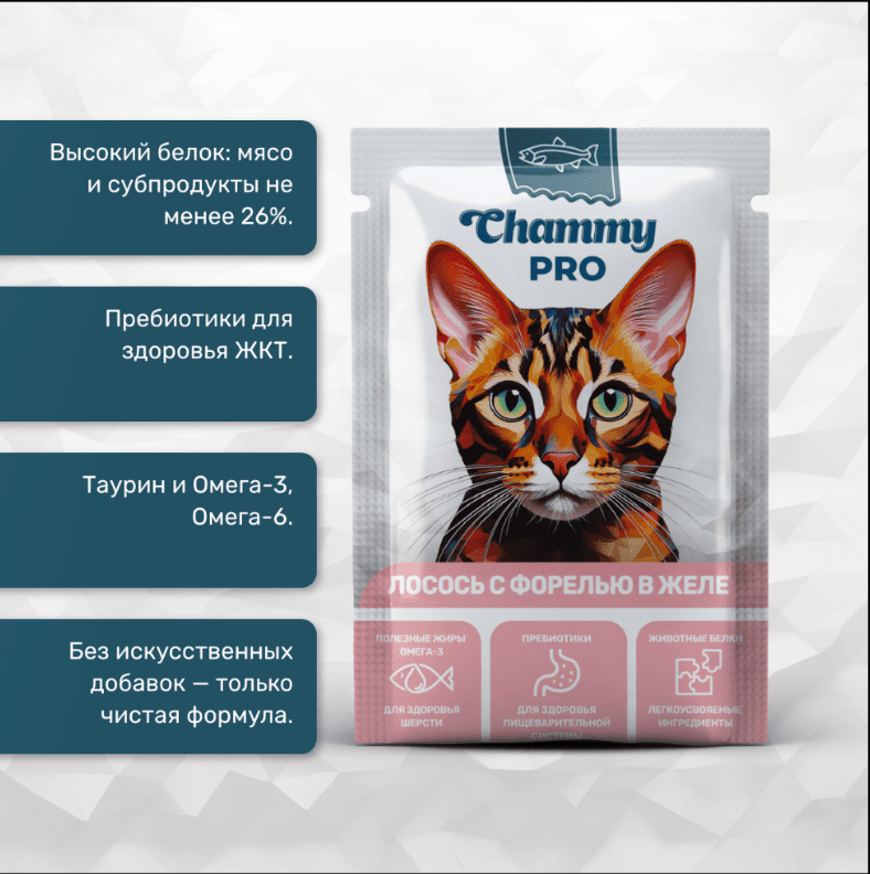 CHAMMY PRO Корм Пауч для взрослых КОШЕК  лосось и форель    85 гр 30 шт