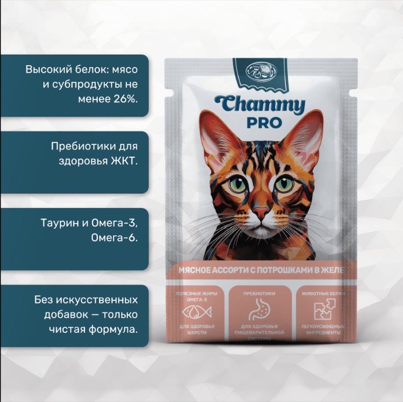 CHAMMY PRO Корм Пауч для взрослых КОШЕК  мясное ассорти с потрошками    85 гр 30 шт