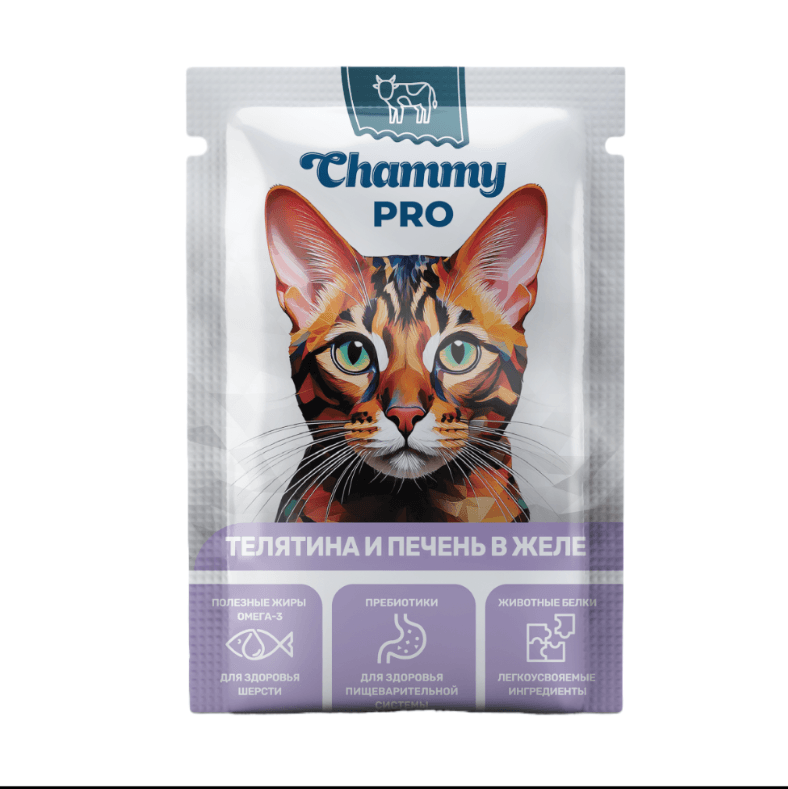 CHAMMY PRO Корм Пауч для взрослых КОШЕК  с телятиной и печенью    85 гр 30 шт